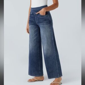 Halara Flex High Wasted Pockets Baggy Wide Leg Washed Casual Jeans